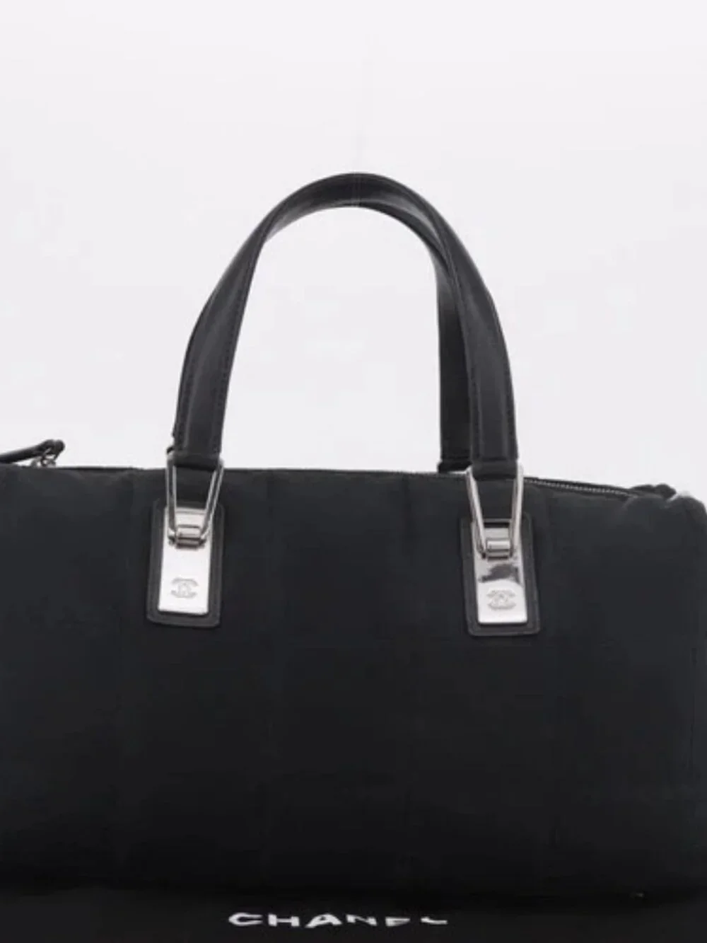 CHANEL Choco Bar Hand Bag Nylon Black Silver CC Auth 183944SAM